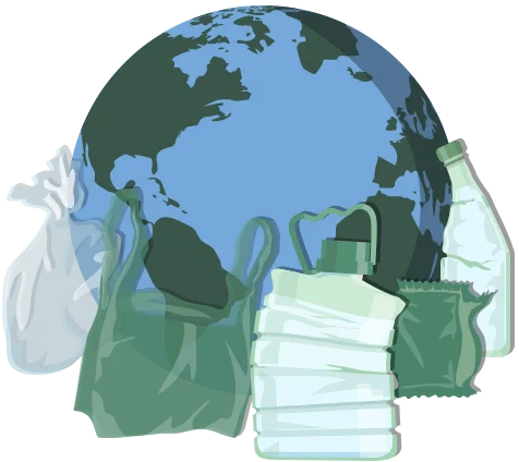 Illustration du traitement des déchets plastique – globe entouré de déchets plastiques